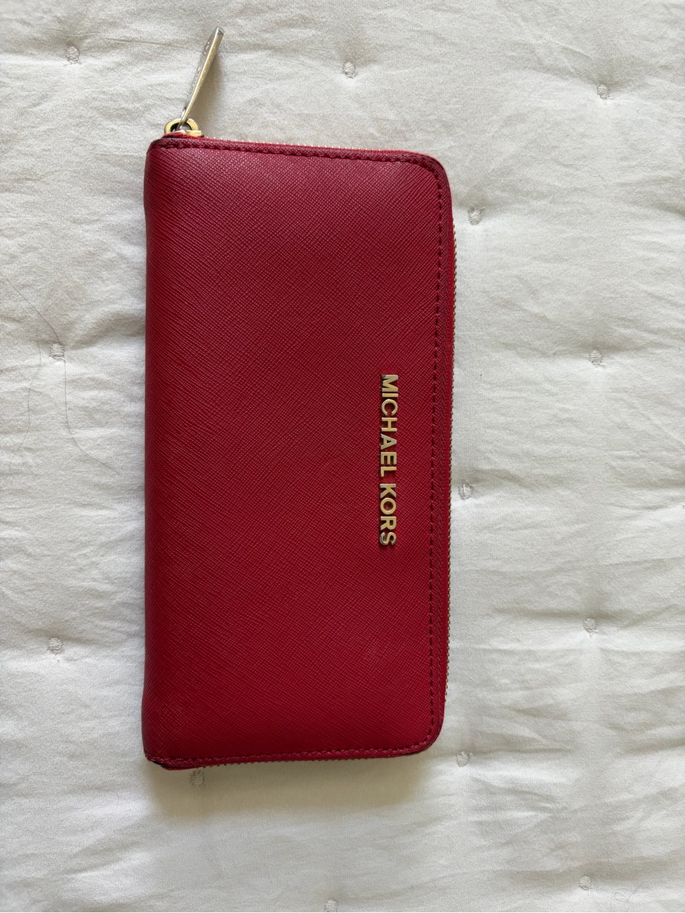 Michael Kors Cherry Red Zip Wallet with Gold Logo